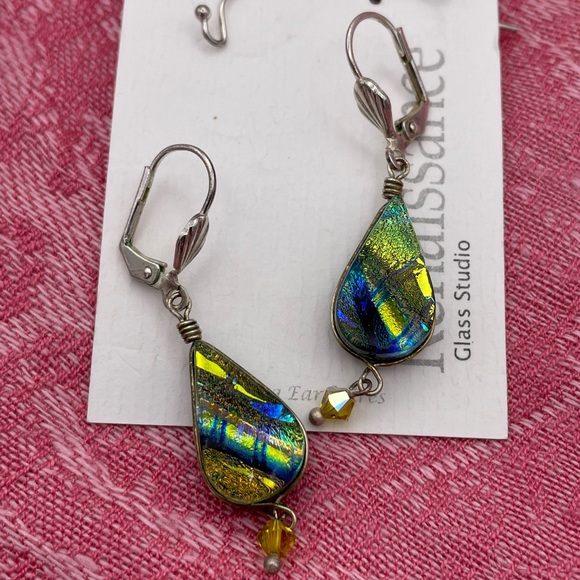Rainbow Green Glass Tear Drop Dangle Earrings - Picture 3 of 9